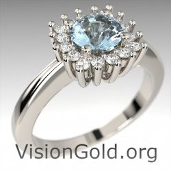 Anillo de aguamarina y rosetón de diamantes brillantes|VisionGold® Aquamarine Jewelry 1186